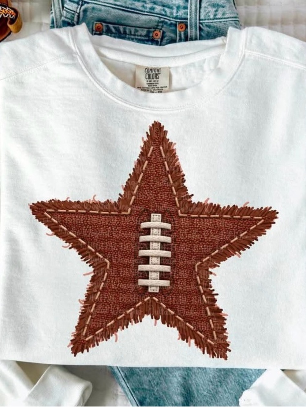 Comfort Colors White Sweatshirt with Brown Star Football Small-2X